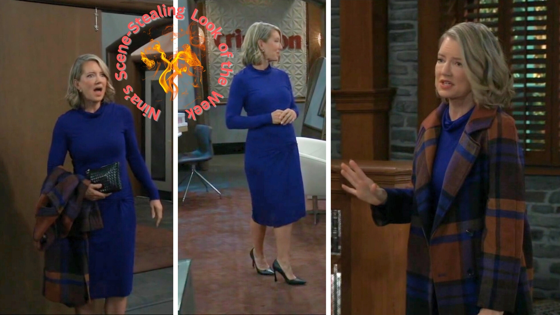 Nina in a royal blue dress on General Hospital