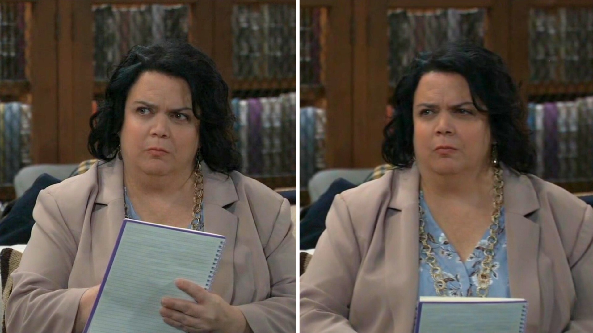 Suzanne on General Hospital taking notes