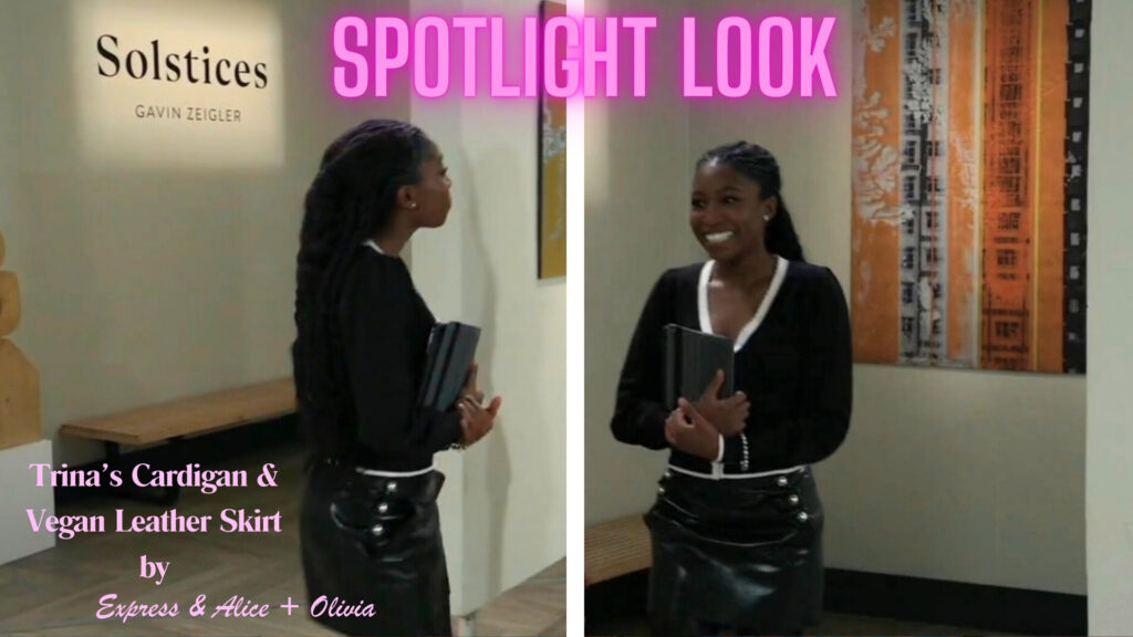 Trina in black skirt and top with white trim, smiling, on General Hospital