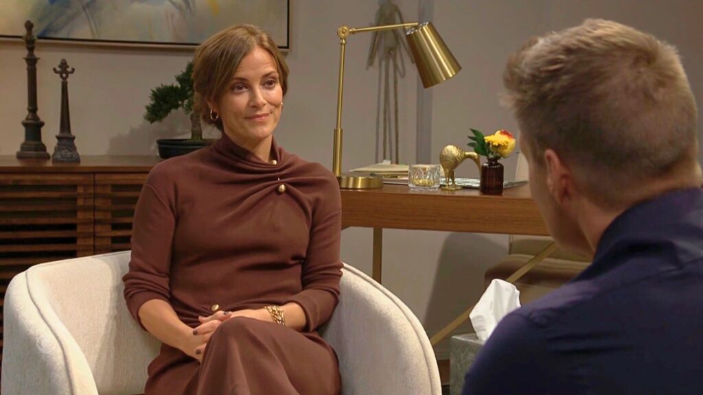 Taylor and Deacon talk in her office on The Bold and the Beautiful