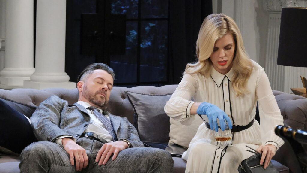 Cat puts something in EJ's drink, EJ passed out on couch on Days of our Lives