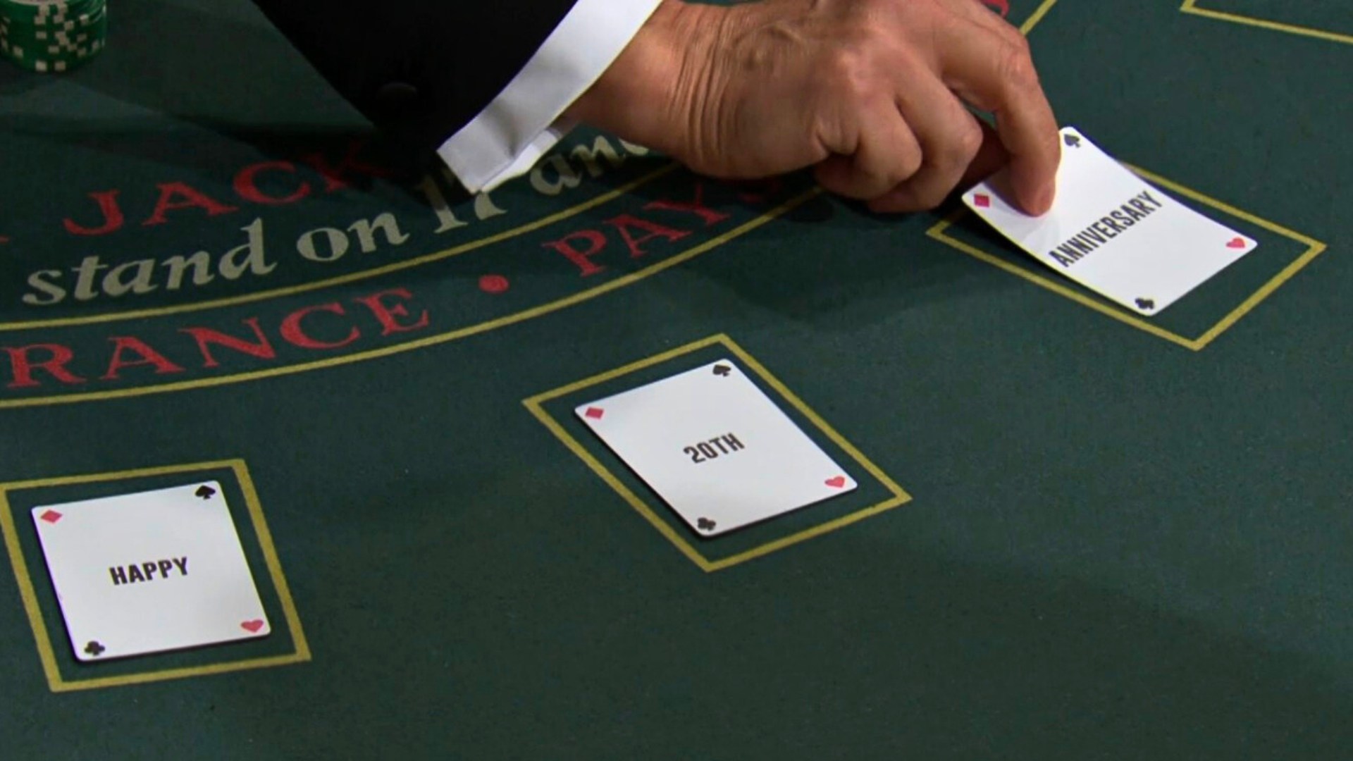 Blackjack cards say Happy 20th Anniversary Michael and Lauren on The Young and the Restless recap