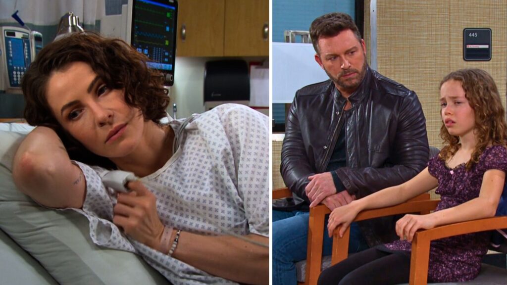 Sarah in hospital bed, Rachel confessing to Brady on Days of our Lives