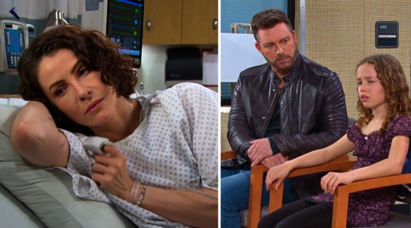 Sarah in hospital bed, Rachel confessing to Brady on Days of our Lives