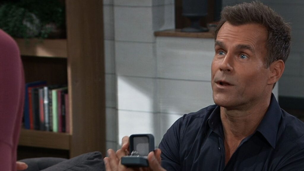 Drew on one knee with open ring box proposing to Willow on General Hospital