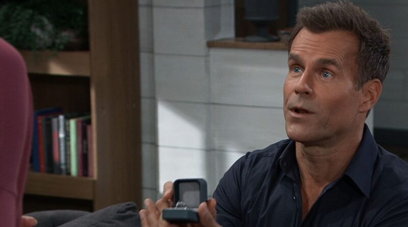 Drew on one knee with open ring box proposing to Willow on General Hospital