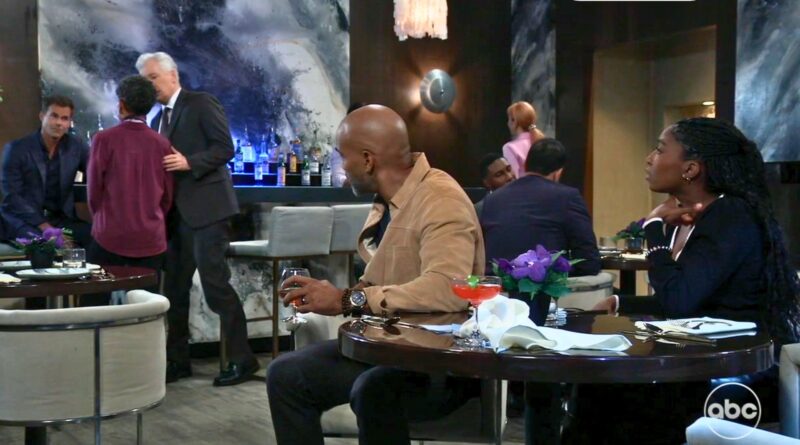 Martin holds back Stella from Drew as Curtis and Trina watch on General Hospital