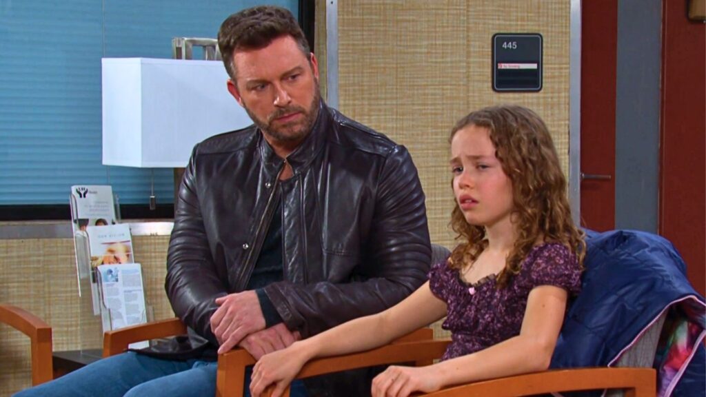 Brady and Rachel sitting and talking on Days of our Lives