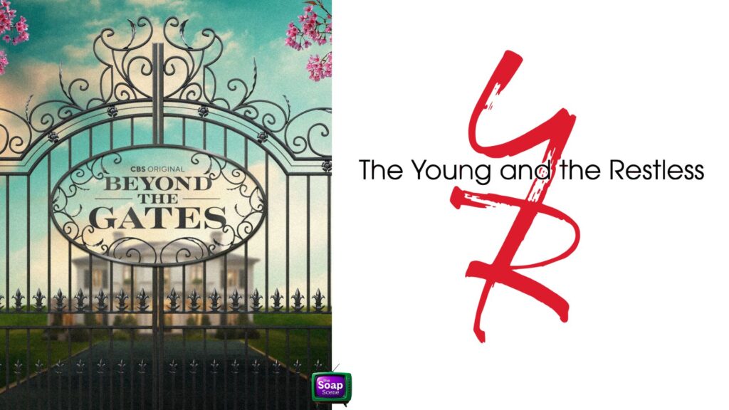 A decorative gate adorned. with flowers and ivy, Beyond the Gates logo, and the red handpainted Y&R logo, The Young and the Restless, purple and green TV logo The Soap Scene